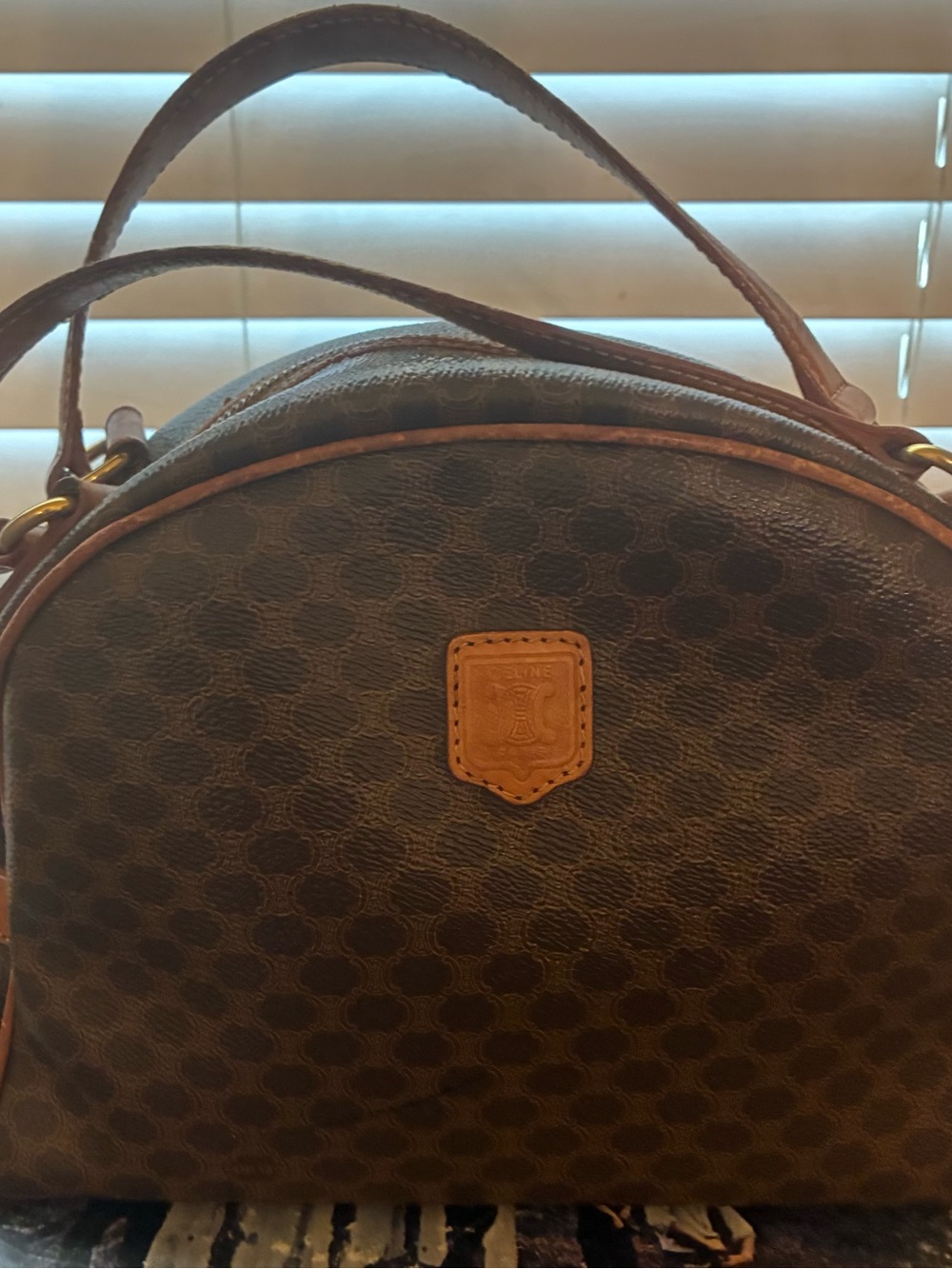 Celine Brown Patterned Dome Messenger Bag with Tan Trim